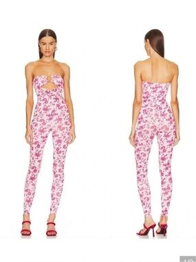 Lovers + Friends Pink & Red Strapless Floral Skinny Jumpsuit